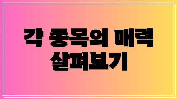 각 종목의 매력 살펴보기